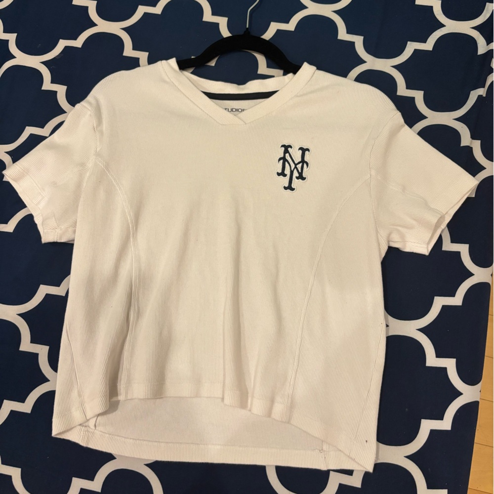 White Short Sleeve V-Neck Tee with Embroidered Navy Logo